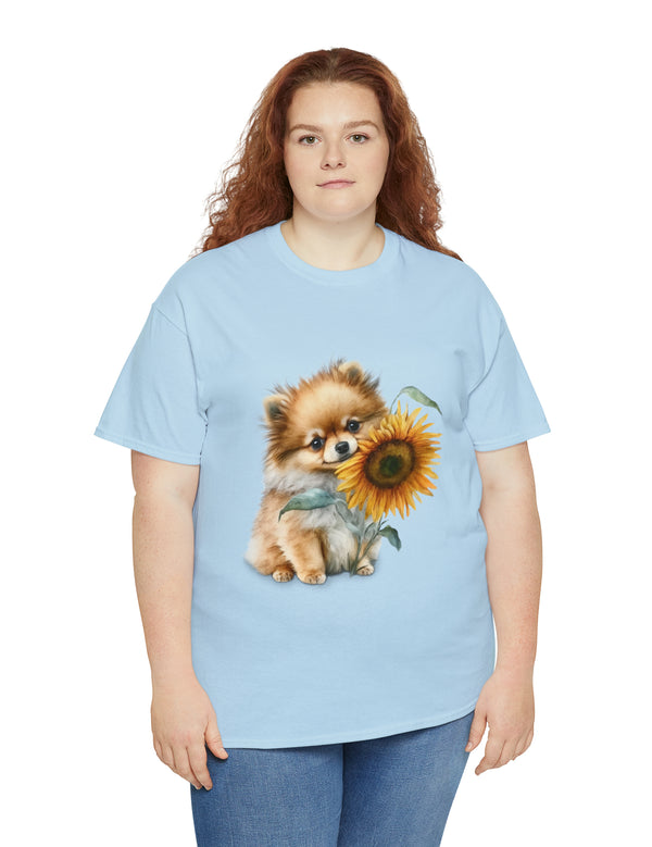 Precious Pomeranian Pup with a Flower - Unisex Heavy Cotton Tee