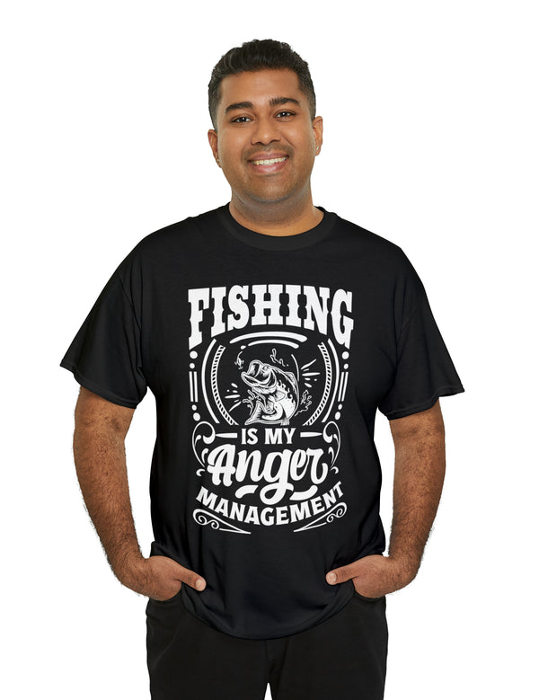 Fishing is my anger management! in a Unisex Heavy Cotton Tee (White on Dark Shirt)