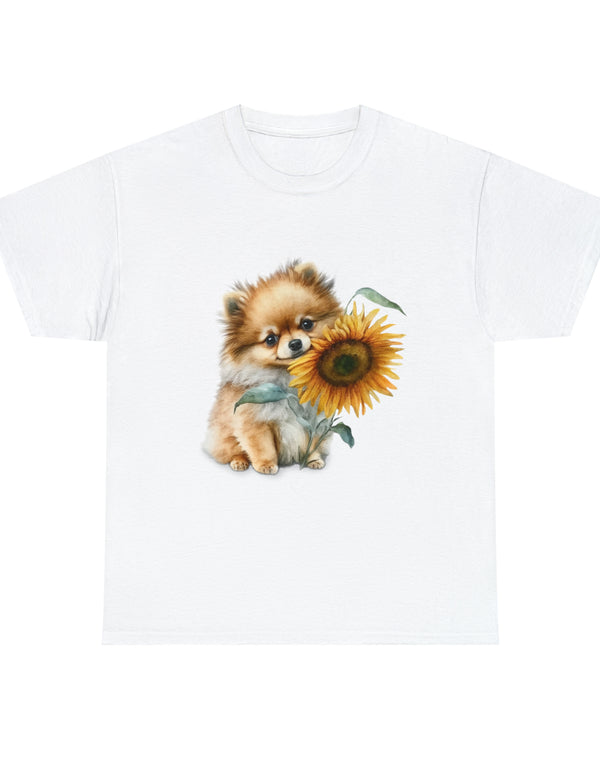 Precious Pomeranian Pup with a Flower - Unisex Heavy Cotton Tee