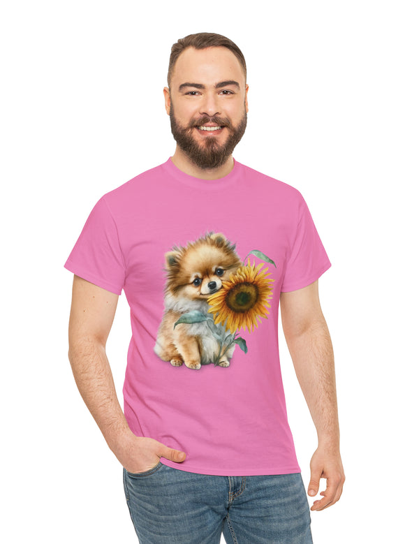 Precious Pomeranian Pup with a Flower - Unisex Heavy Cotton Tee