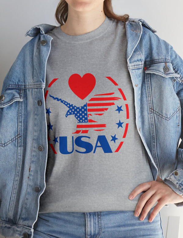 Patriotic USA Shirt with Eagle in Red and Blue - Unisex Heavy Cotton Tee