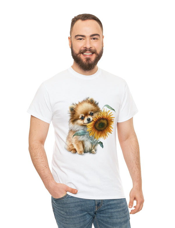 Precious Pomeranian Pup with a Flower - Unisex Heavy Cotton Tee