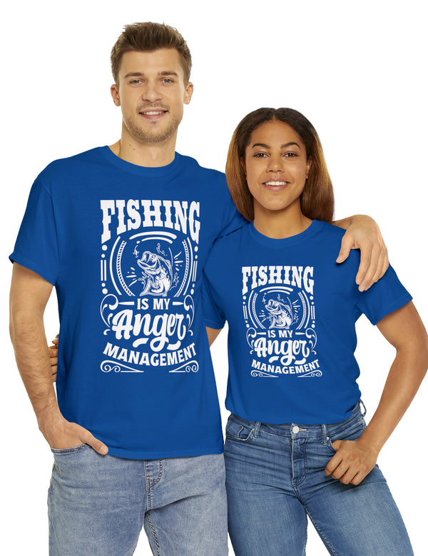 Fishing is my anger management! in a Unisex Heavy Cotton Tee (White on Dark Shirt)