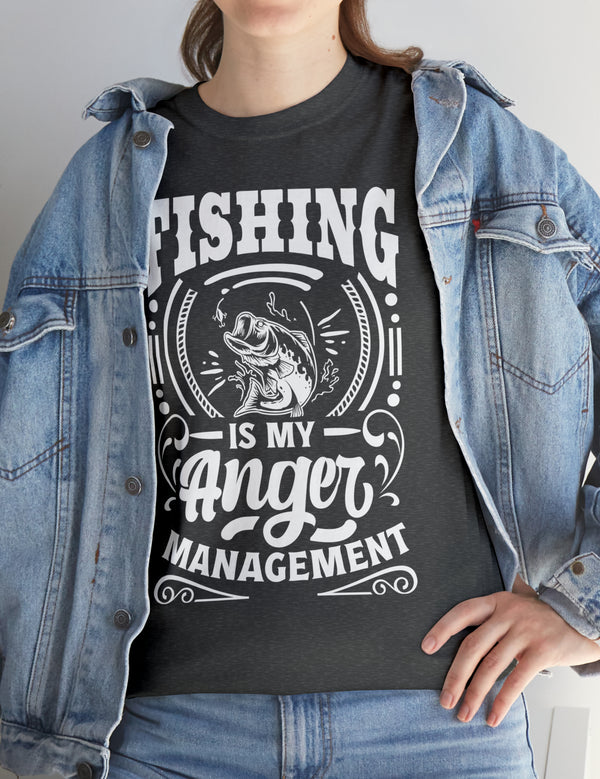 Fishing is my anger management! in a Unisex Heavy Cotton Tee (White on Dark Shirt)
