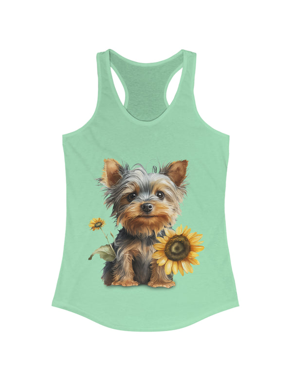 Yorkie baby pup and flower in this Women's Ideal Racerback Tank