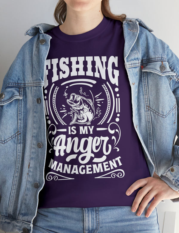 Fishing is my anger management! in a Unisex Heavy Cotton Tee (White on Dark Shirt)