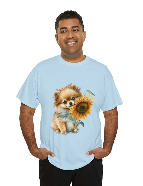 Precious Pomeranian Pup with a Flower - Unisex Heavy Cotton Tee