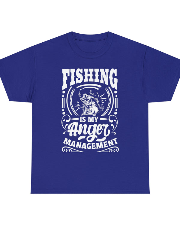 Fishing is my anger management! in a Unisex Heavy Cotton Tee (White on Dark Shirt)