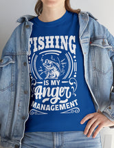 Fishing is my anger management! in a Unisex Heavy Cotton Tee (White on Dark Shirt)