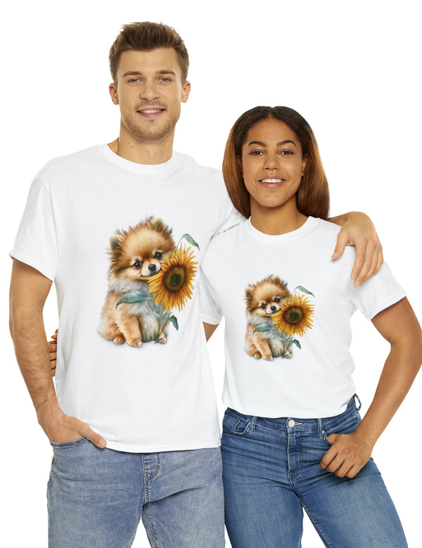 Precious Pomeranian Pup with a Flower - Unisex Heavy Cotton Tee