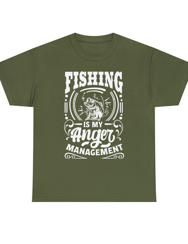 Fishing is my anger management! in a Unisex Heavy Cotton Tee (White on Dark Shirt)