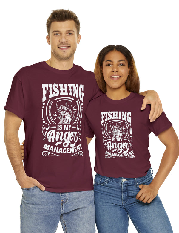 Fishing is my anger management! in a Unisex Heavy Cotton Tee (White on Dark Shirt)