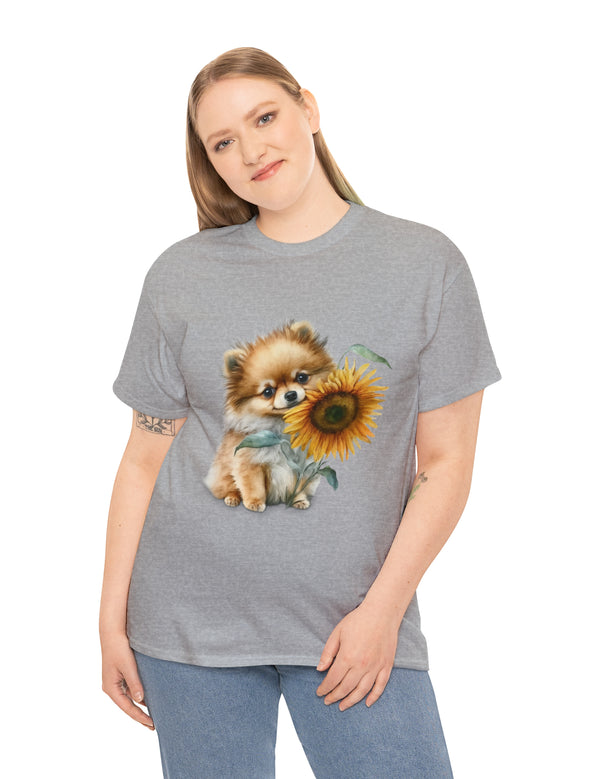 Precious Pomeranian Pup with a Flower - Unisex Heavy Cotton Tee