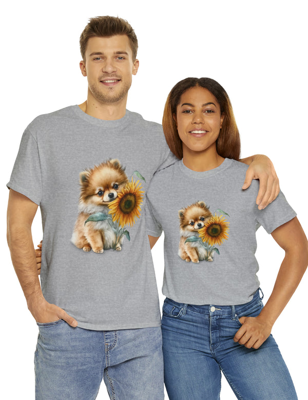 Precious Pomeranian Pup with a Flower - Unisex Heavy Cotton Tee