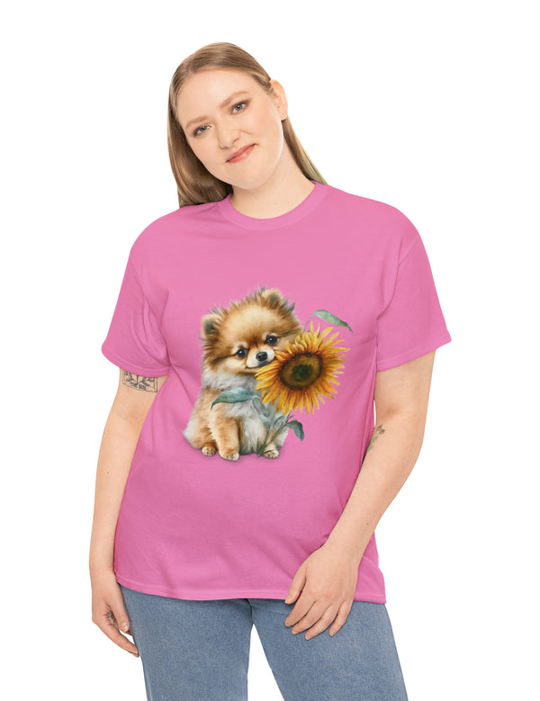 Precious Pomeranian Pup with a Flower - Unisex Heavy Cotton Tee