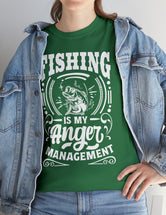 Fishing is my anger management! in a Unisex Heavy Cotton Tee (White on Dark Shirt)