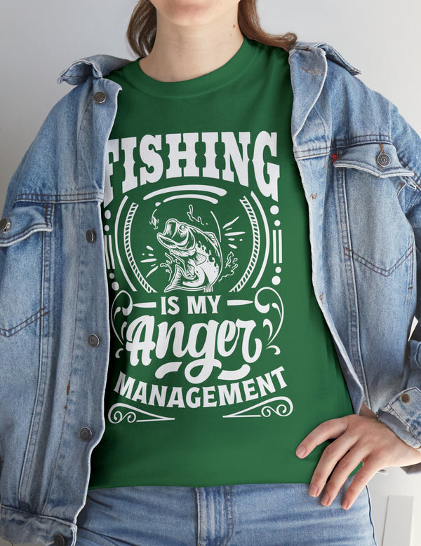 Fishing is my anger management! in a Unisex Heavy Cotton Tee (White on Dark Shirt)