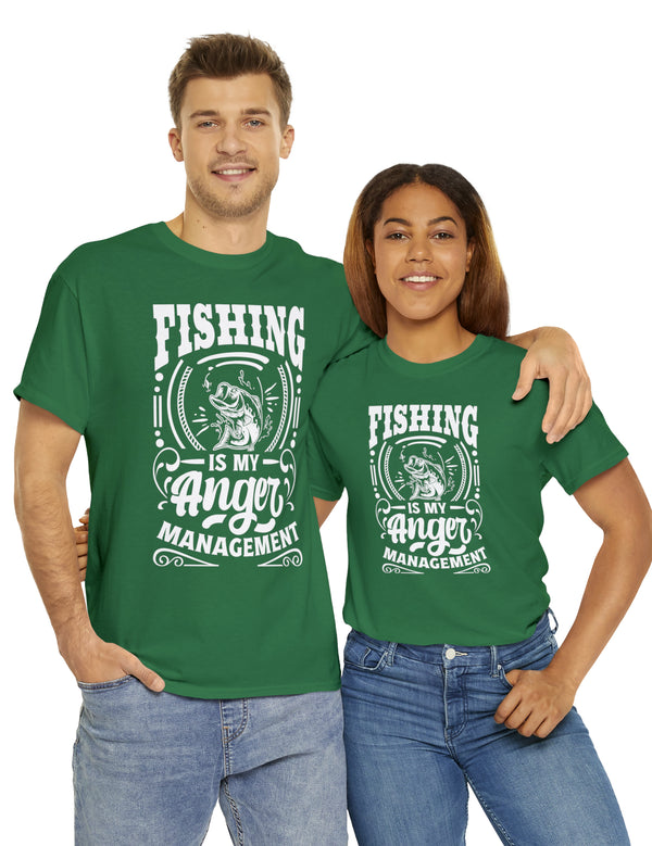 Fishing is my anger management! in a Unisex Heavy Cotton Tee (White on Dark Shirt)