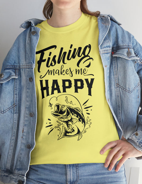 Fishing makes me Happy! In a Unisex Heavy Cotton Tee