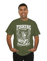 Fishing is my anger management! in a Unisex Heavy Cotton Tee (White on Dark Shirt)