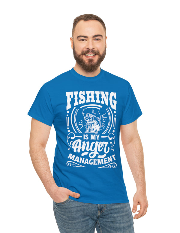 Fishing is my anger management! in a Unisex Heavy Cotton Tee (White on Dark Shirt)