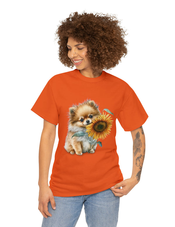 Precious Pomeranian Pup with a Flower - Unisex Heavy Cotton Tee