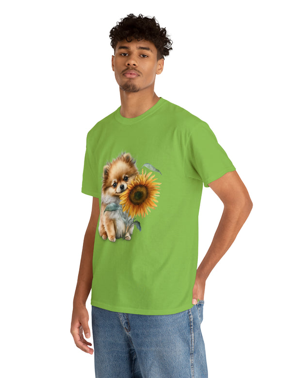 Precious Pomeranian Pup with a Flower - Unisex Heavy Cotton Tee