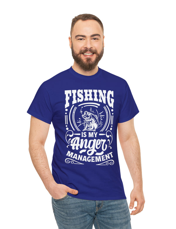 Fishing is my anger management! in a Unisex Heavy Cotton Tee (White on Dark Shirt)