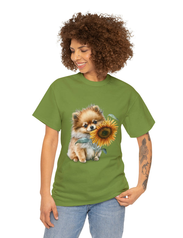 Precious Pomeranian Pup with a Flower - Unisex Heavy Cotton Tee