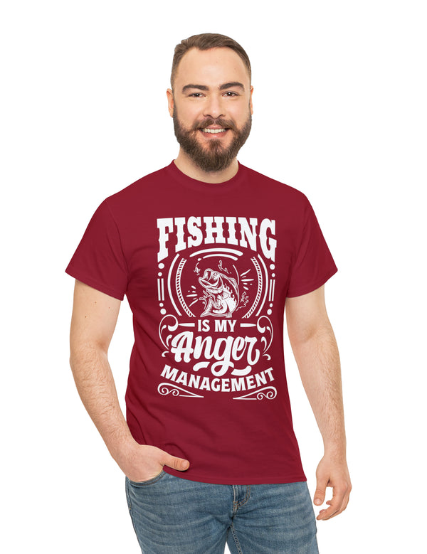 Fishing is my anger management! in a Unisex Heavy Cotton Tee (White on Dark Shirt)