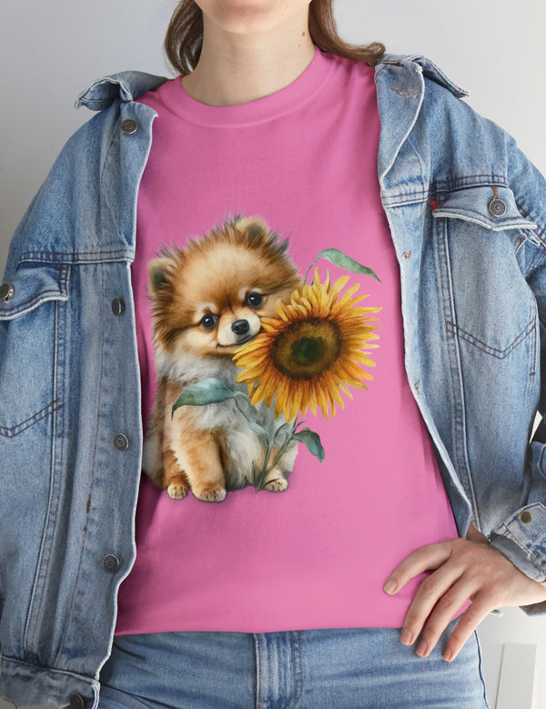 Precious Pomeranian Pup with a Flower - Unisex Heavy Cotton Tee