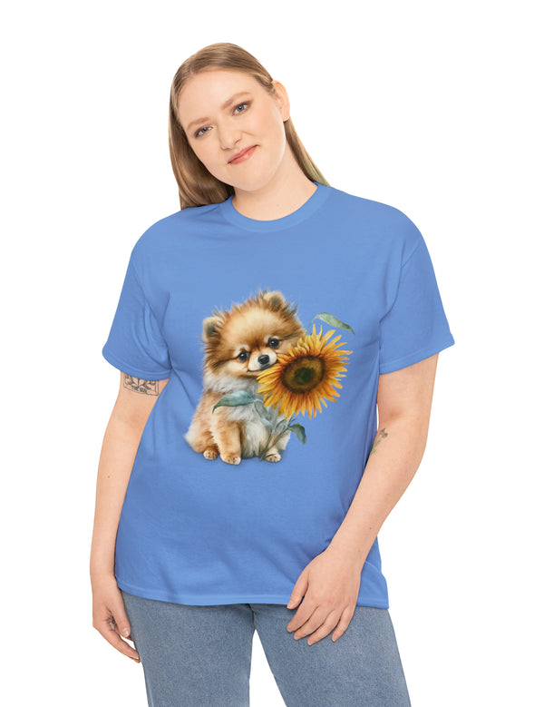 Precious Pomeranian Pup with a Flower - Unisex Heavy Cotton Tee