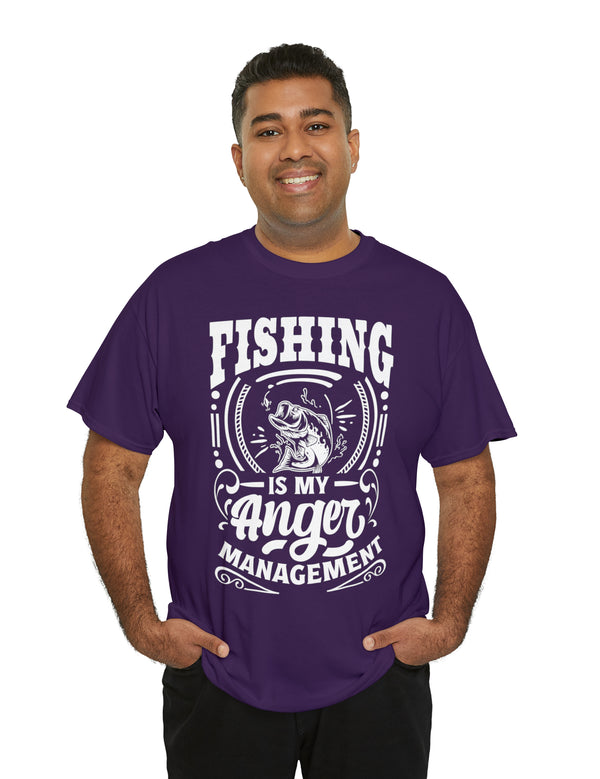 Fishing is my anger management! in a Unisex Heavy Cotton Tee (White on Dark Shirt)