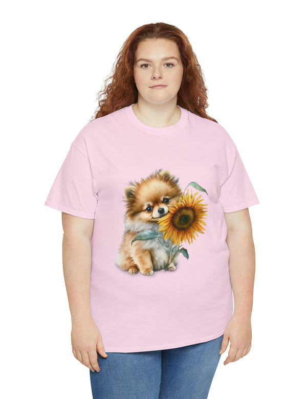 Precious Pomeranian Pup with a Flower - Unisex Heavy Cotton Tee