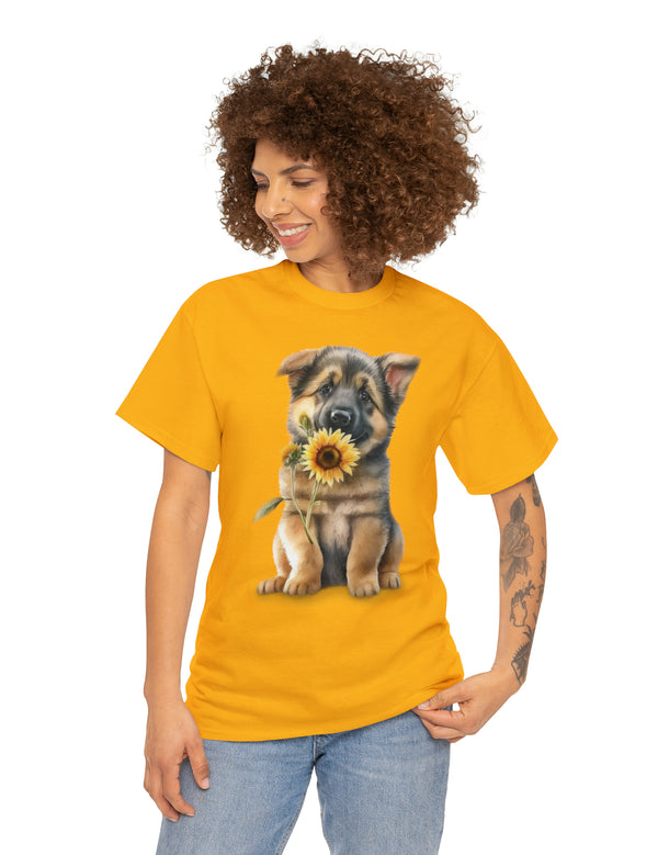 Precious Baby German Shepherd with Flower in Mouth - Unisex Heavy Cotton Tee